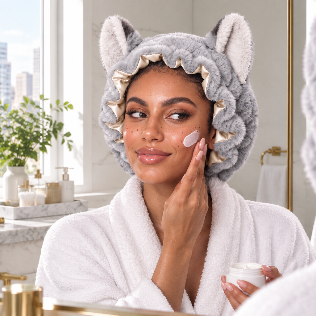 Gray Foxie Bonnet during skincare routine